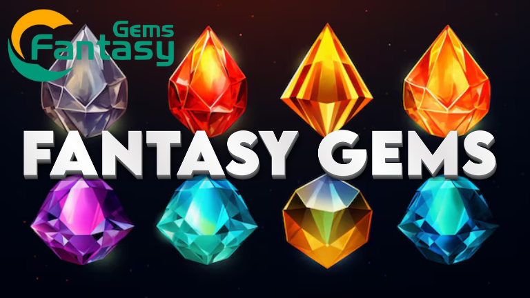 Glistening dark fantasy gemstones in red, purple, and orange hues against a dark backdrop
