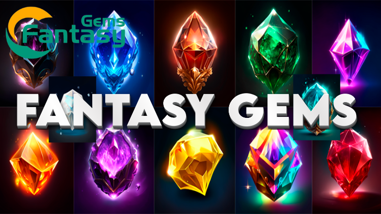 An array of glowing fantasy gemstones for sale in various shapes and colors